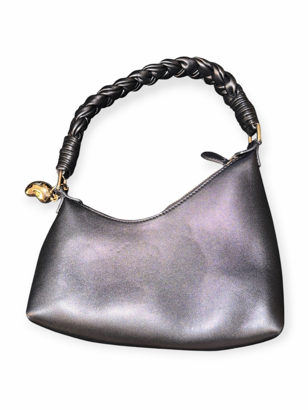 Black Asymmetric Hobo Bag Thick Braided Strap Kidney Bean Charm